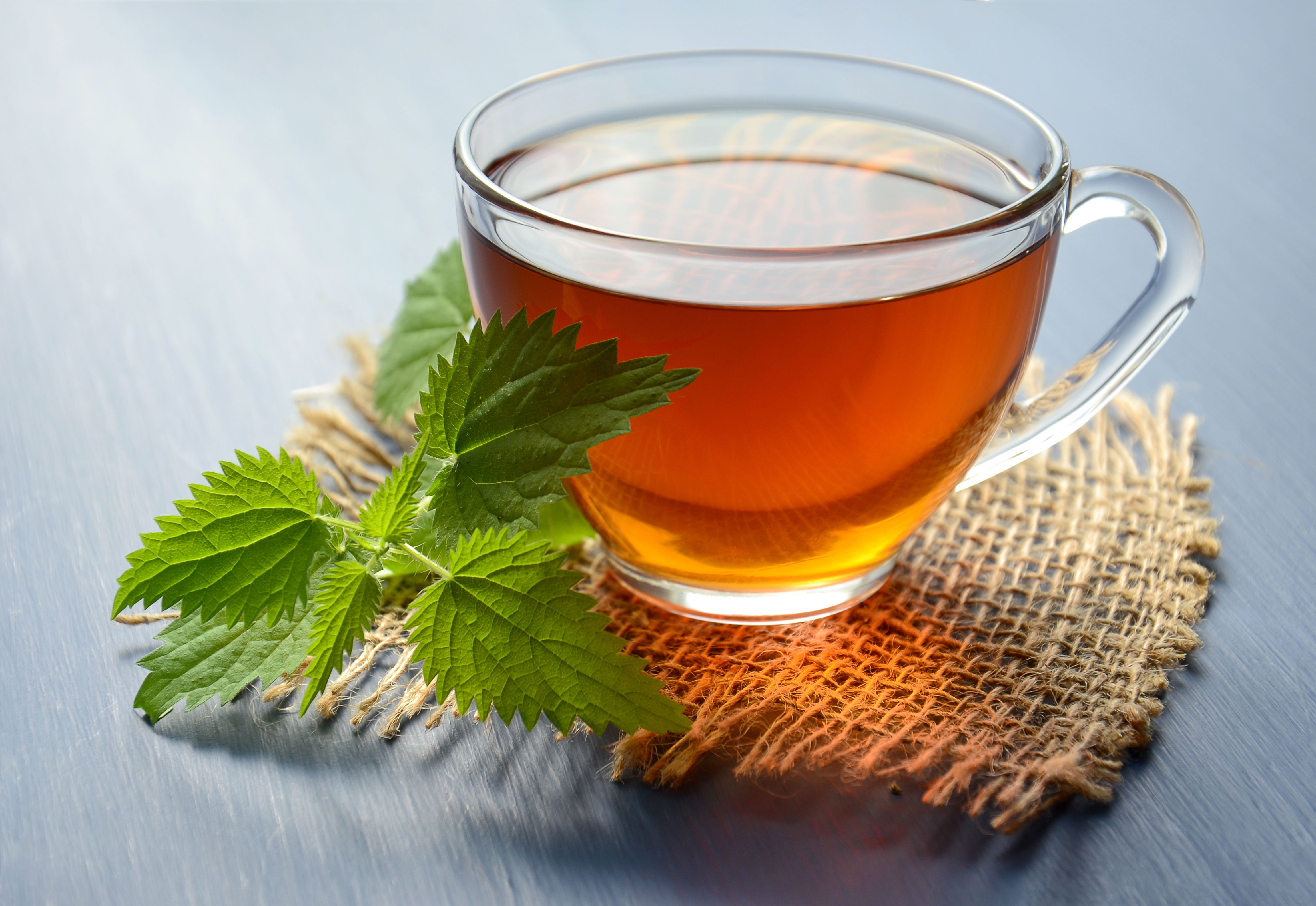 A clear glass cup of freshly brewed green tea beside fresh leaves and soft morning light - best teas clear skin healthy hair